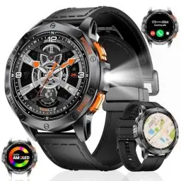Produktbild: ESFOE Smartwatch Herren GPS Laufuhr Herren-LED Taschenlampe/530mAh Akku, 1,43'' AMOLED 10ATM Smartwatch Militär mit Kompass, Barometer, Herzfrequenz, SpO2, Schlafüberwachung für Android iOS,Schwarz