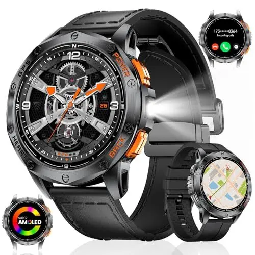 Produktbild: ESFOE Smartwatch Herren GPS Laufuhr Herren-LED Taschenlampe/530mAh Akku, 1,43'' AMOLED 10ATM Smartwatch Militär mit Kompass, Barometer, Herzfrequenz, SpO2, Schlafüberwachung für Android iOS,Schwarz