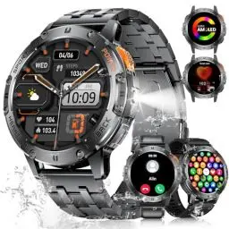 Produktbild: ESFOE Smartwatch Herren Militär mit Taschenlampe Telefonfunktion, 1,43'' Amoled Smart Watch mit Herzfrequenz SpO2, 120 Sportmodi, 5ATM Wasserdicht Fitnessuhr für Android iOS, 530mAh Akku, 3 Armbänders