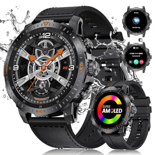 Produktbild: ESFOE Smartwatch Herren mit 500mAh Großakku für Android iOS, 1.43'' AMOLED Smartwatch mit 123 Sportmodi, Bluetooth-Anrufe, IP68 Wasserdicht Fitnessuhr mit Herzfreherzfrequenz/Schlafmonitor