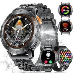 Produktbild: ESFOE Smartwatch Herren mit 530mAh Akku, 1.43'' Militär Smartwatch mit LED Taschenlampe, Telefonfunktion, 3ATM Wasserdicht Robuste Outdoor Uhren mit 24H Gesundheits-Screening für Android iOS, 3 Gurte