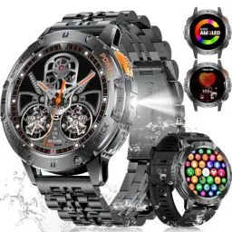 Produktbild: ESFOE Smartwatch Herren mit 530mAh Akku, 1.43'' Militär Smartwatch mit LED Taschenlampe, Telefonfunktion, 3ATM Wasserdicht Robuste Outdoor Uhren mit 24H Gesundheits-Screening für Android iOS, Schwarz