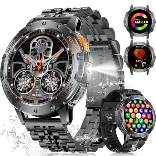 Produktbild: ESFOE Smartwatch Herren mit 530mAh Akku, 1.43'' Militär Smartwatch mit LED Taschenlampe, Telefonfunktion, 3ATM Wasserdicht Robuste Outdoor Uhren mit 24H Gesundheits-Screening für Android iOS, Schwarz