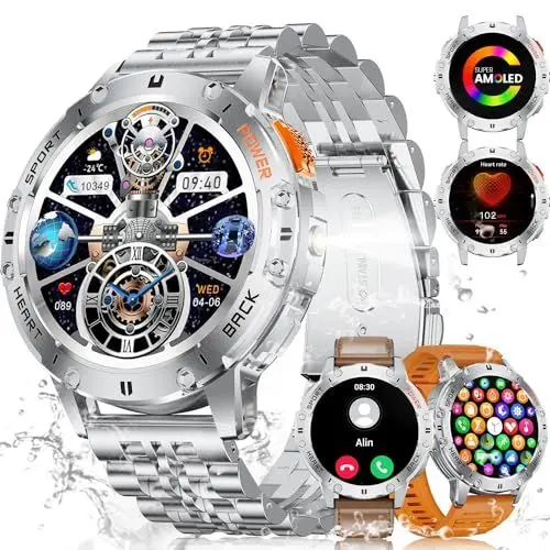 Produktbild: ESFOE Smartwatch Herren mit 530mAh Akku, 1.43'' Militär Smartwatch mit LED Taschenlampe, Telefonfunktion, 3ATM Wasserdicht Robuste Outdoor Uhren mit 24H Gesundheits-Screening für Android iOS, Silber