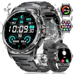 Produktbild: ESFOE Smartwatch Herren mit Telefonfunktion, 1,43 Zoll AMOLED Always-on Militär Smart Watch mit Herzfrequenz/Schlafüberwachung/SpO2/Schrittzähler, 130+ Sportmodi Wasserdicht Fitnessuhr für Android iOS