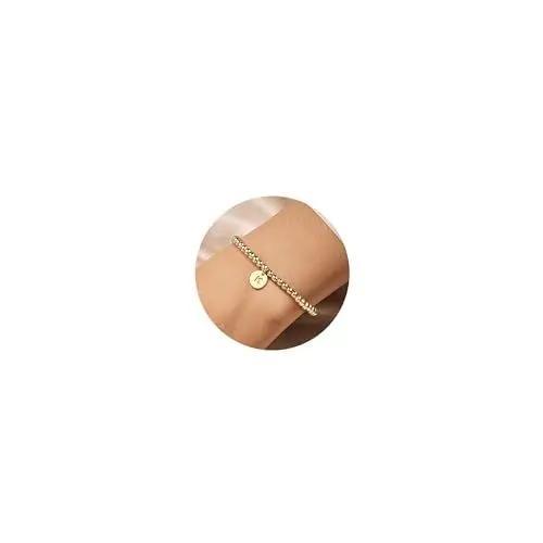Produktbild: ESHIONER Armband Damen Gold Perlenarmband 28K Gold Plattiert Armbänder Stapelbar Zierlich Trendy Nicht Anlaufen Einstellbare Kette K Charm Buchstaben Armband Damen Mädchen Schmuck Geschenke