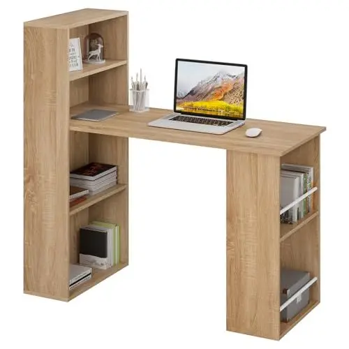 Produktbild: eSituro Schreibtisch mit Bücherregal, Computertisch mit Stauraum und Regal, Bürotisch Weiß, PC Tisch mit Ablagefächern, für Schlafzimmer Arbeitszimmer, 122x55x120 cm