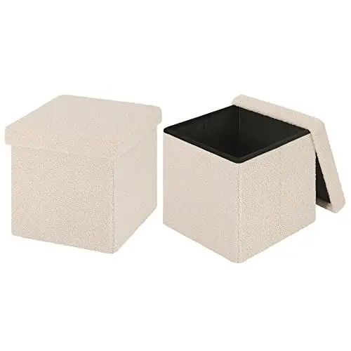 Produktbild: eSituro 2er Set Faltbarer Sitzhocker mit Stauraum, Fußhocker Polsterhocker Sitztruhe Aufbewahrungsbox, bis 300 kg belastbar, aus Teddyfleece Beige