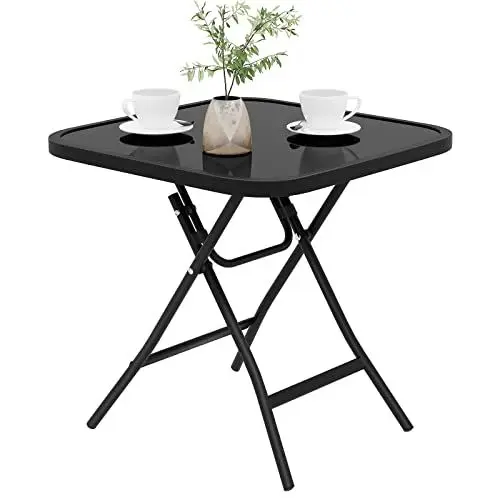 Produktbild: eSituro Klapptisch, Beistelltisch klappbar, Balkontisch Campingtisch Gartentisch Bistrotisch, mit Metallrahmen, rechteckige Tischplatte aus gehärtetem Glas, 46x46x48 cm, Schwarz