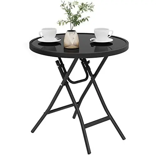 Produktbild: eSituro Klapptisch, Beistelltisch klappbar, Balkontisch Campingtisch Gartentisch Bistrotisch, mit Metallrahmen, runde Tischplatte aus gehärtetem Glas, φ46x47,5 cm, Schwarz