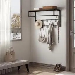 Produktbild: eSituro Wandgarderobe mit Ablage, Kleiderständer Wand mit Kleiderstange 10 Haken, Garderobe Wandmontage, für Eingangsbereich Schlafzimmer Wohnzimmer, 80x41x30 cm, Schwarz + Vintagebraun