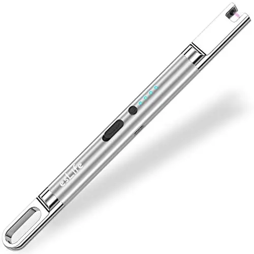 Produktbild: esLife Elektrisches Feuerzeug Wiederaufladbar Mit LED-Anzeige, Micro USB für Camping, Grill und Feuerwerk - Dreifache Sicherheit & Aufhängehaken, Silber