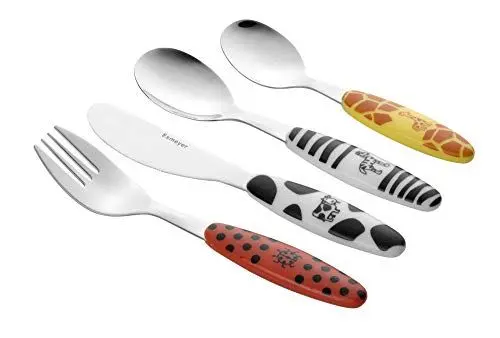 Produktbild: Esmeyer 199-351 4-TLG. Kinderbesteck Safari aus Edelstahl 18/0 poliert, im Geschenkkarton, Bunte Kunststoffgriffe mit Tiermotiven Bedruckt,