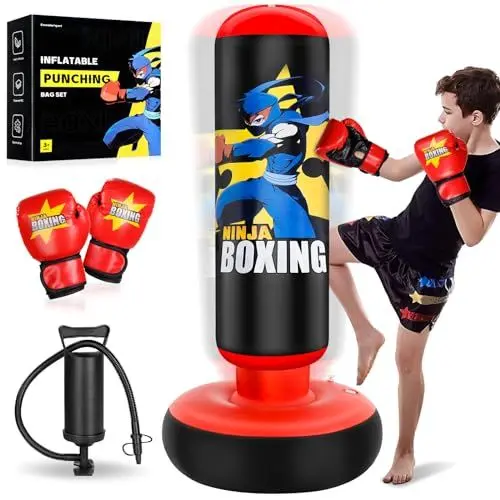 Produktbild: Esnowlee Boxsack für Kinder, hoher 168 cm, Geschenke für Jungen und Mädchen im Alter von 5–12 Jahren zum Üben von Karate, Taekwondo, MMA und zur Linderung von Pent-Up-Energie bei Kindern (Rot)