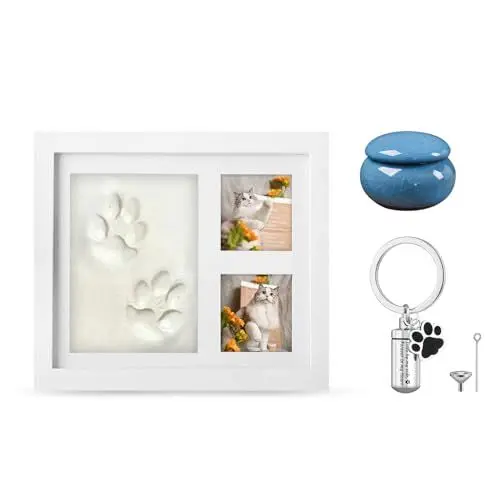 Produktbild: Esoes Dreifach-Bilderrahmen für Hunde oder Katzen, Pfotenabdrücke, 10,2 x 15,2 cm, mit Tonabdruck-Set, Mini-Urnen, Haustier-Gedenk-Schlüsselanhänger