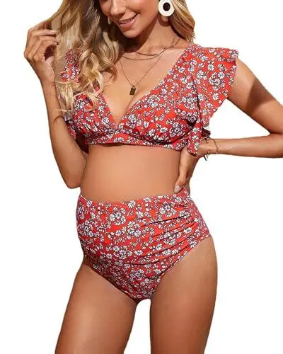 Produktbild: ESORNUG Damen Umstands Badeanzüge Sommer Swimsuit Hoher Taille Beachwear Zweiteiliger Bathing Suit Swimwear Badeanzug mit Brustpolster