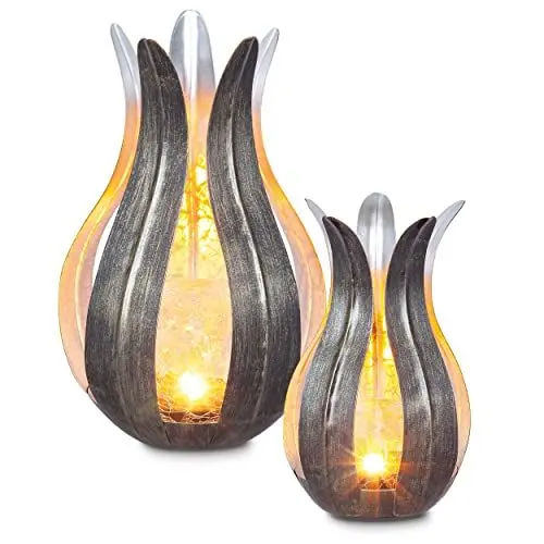 Produktbild: Esotec Blumen Solarleuchte Lilie, 2er Set, silber, 12+15cm, Crackle Bruchglas Solarkugel, Akku, Solarmodul, Dekoleuchte, Blumenleuchte, Gartenleuchte, metall, außen, wetterfest, outdoor 103113