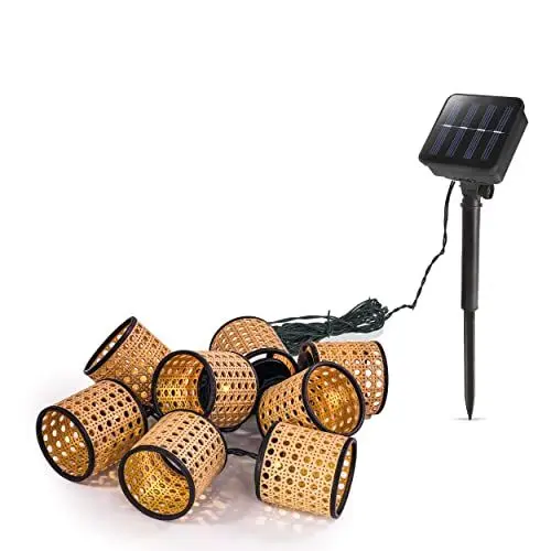 Produktbild: Esotec Solar Lichterkette Samoa, Rattan Körbchen, 2 Meter, 8 LED Laternen, Lampions warmweiß, Akku, Solarmodul, Erdspieß, Korbdekoleuchte, Kunststoff, Außenbereich, outdoor, 102800