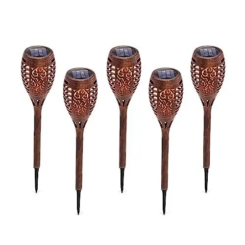 Produktbild: esotec Solar Gartenfackel Monza, 5er Set, Tribal Design, kupferfarben, Akku, LED Flackerlicht, Gartenstecker, Stecklichter, Solarleuchten, Kunststoff, IP44, außen, wetterfest, 102870
