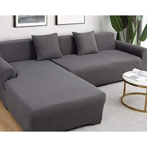Produktbild: ESOUY Einfarbiger Sofabezug für Ledersofa, L-förmiger Stretch-Sofabezug aus Wildleder, Schonbezug, Schnittsofaschutz, graues Sofa