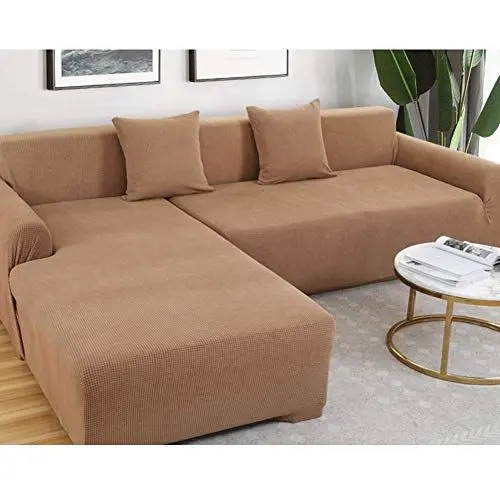 Produktbild: ESOUY Einfarbiger Sofabezug für Ledersofa, Sofabezug aus Stretch-Wildleder, L-förmiger, Rutschfester Sofabezug für 4-Sitzer, Camel