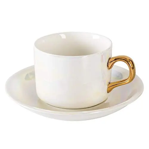 Produktbild: ESOUY Keramiktasse, glitzernde weiße Kaffeetasse, Cappuccino-Tassen mit Untertassen und Löffel, 140 ml, Porzellan-Espressotasse, Americano-Tassen für Latte, Café-Mokka und Teegeschenke, Teetasse