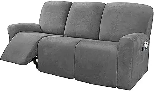 Produktbild: ESOUY Samt-Stretch-Sofabezüge für Liegesofas, 8-teilig, Liegesofabezüge für 3 Sofas, Schonbezug, passgenau, rutschfest, waschbar, dunkelgrau