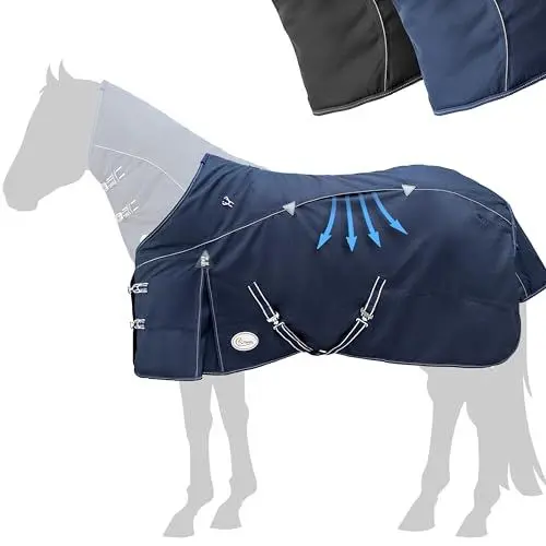 Produktbild: Esposita Airflow Outdoordecke Regendecke ohne Füllung 0g Weidedecke Outdoordecke Paddockdecke Champion Edition optimales Klima ohne Hitzestau 100% wasserdicht Pferdedecke 145cm ohne Füllung Navy