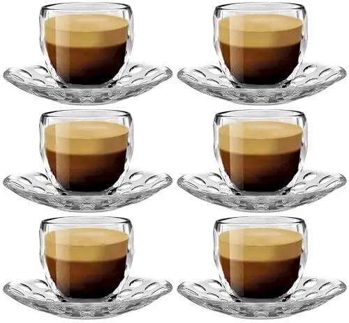 Produktbild: Espressotassen Set mit Untertassen - 6 teiliges Tassen Set aus Glas/Kunststoff - 110ml Füllmenge - Mokka Cups Tassenset Espresso Mokkatassen