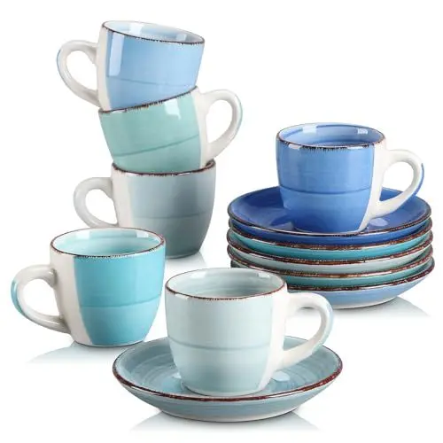 Produktbild: Espressotassen Steingut, vancasso BONITA 12-teiliges Espresso-Set, Stapelbare Kaffeetassen mit Untertasse 80ml, 6 Personen