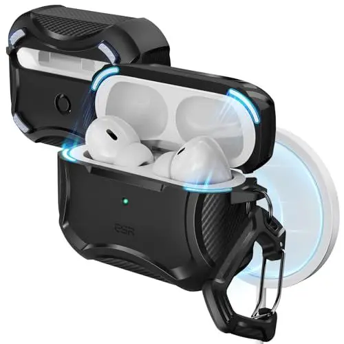 Produktbild: ESR für AirPods Pro 2 Hülle (2023/2022/2019), Cyber Armor Panzer für AirPods Pro 2./1. Generation(USB-C/Lightning Kabel), MagSafe Ready, Starker Sturzschutz, Magnetischer Deckel, Schwarz
