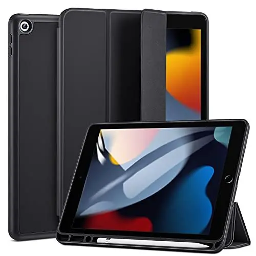 Produktbild: ESR für iPad 9 Generation Hülle mit Stifthalter, iPad 8/7 Generation, 2021/2020/2019 Case 10,2 Zoll, Weicher TPU Rückseite Abdeckung, Auto Schlafen/Wachen, Schwarz