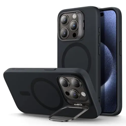 Produktbild: ESR für iPhone 15 Pro Hülle, Kompatibel mit MagSafe Silikonhülle mit Ständer, Militärnorm Schutz, integrierter Kameraständer, magnetisches Handy Case für iPhone 15 Pro, Cloud-Serie, Schwarz