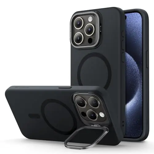 Produktbild: ESR für iPhone 15 Pro Max Hülle,Kompatibel mit MagSafe Silikonhülle mit Ständer, Militärnorm Schutz, integrierter Kameraständer, magnetisches Handy Case für iPhone 15 Pro Max, Cloud-Serie, Schwarz