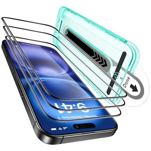 Produktbild: ESR für iPhone 16 Plus/iPhone 15 Plus für Panzerglas, Displayschutzfolie 3 Stück, gehärtete Glasfolie einfachem Befestigungswerkzeug, 9H Härte, Militärgrad bruchsicher, volle Abdeckung, HD klar