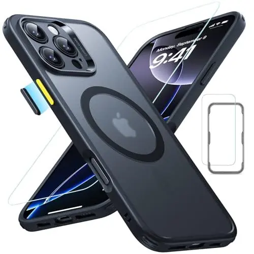 Produktbild: ESR für iPhone 16 Pro Max Hülle (4 in 1) Set, Transparente Matte Hülle mit Displayschutzfolie, Kompatibel mit MagSafe, Militärnorm Schutz, Classic Serie, Mattiertes Schwarz