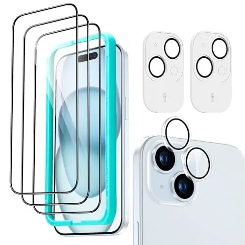 Produktbild: ESR iPhone 15 für Panzerglas, 3 Displayschutzfolien aus gehärtetem Glas und 2 Set einzelner Kamera Schutzfolien, 2,5D Gebogene Kanten, vollständiger Militärnorm Schutz, Kratzfest