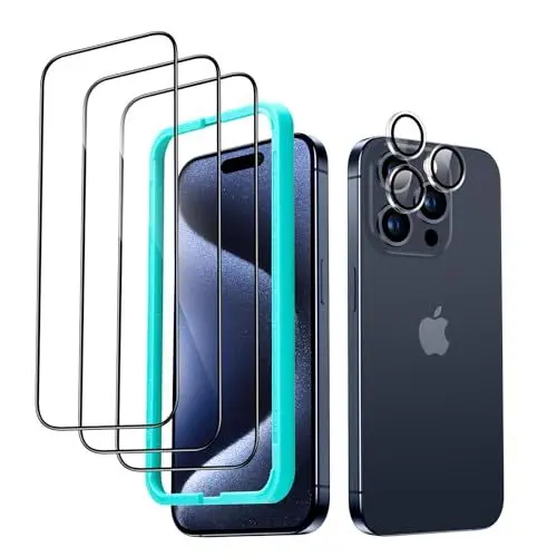 Produktbild: ESR für iPhone 15 Pro Max für Panzerglas, 3 Displayschutzfolien aus gehärtetem Glas und 1 Set einzelner Kamera Schutzfolien, 2,5D gebogene Kanten, vollständiger Militärnorm Schutz, kratzfest