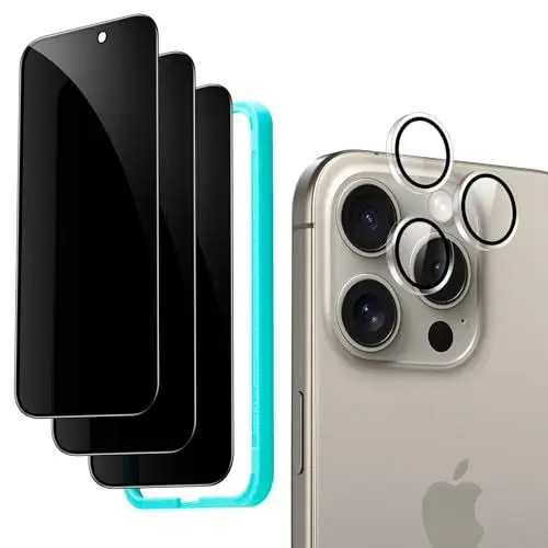 Produktbild: ESR für Panzerglas für iPhone 15 Pro Max Display Sichtschutz Set, Anti Spy Displayschutz aus gehärtetem Glas, mikrogekrümmte Kanten, hüllenfreundlich, 3 Stück mit 1 Satz individuellem Kamera Schutz