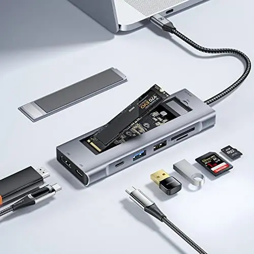 Produktbild: ESSAGER DockingStation für M.2 NVMe & SATA SSD, M.2 USB Adapter, mit USB 3.2 (Gen2, 10 Gbit/s), HDMI 4K@30Hz,SD3.0&TF, USB-C, USB-A, PCIe M-Key, Support Thunderbolt3, Aluminium, Grau