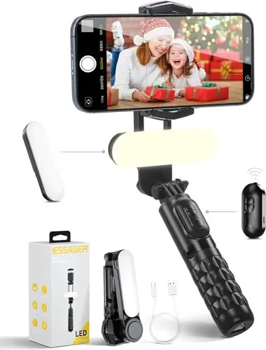 Produktbild: ESSAGER Smartphone-Stabilisator Mit Abnehmbarem Fülllicht, Stativ Mit Fernbedienung, Tragbarer Selfie Stick für Vlog Video, Kompatibel Mit Android/IOS