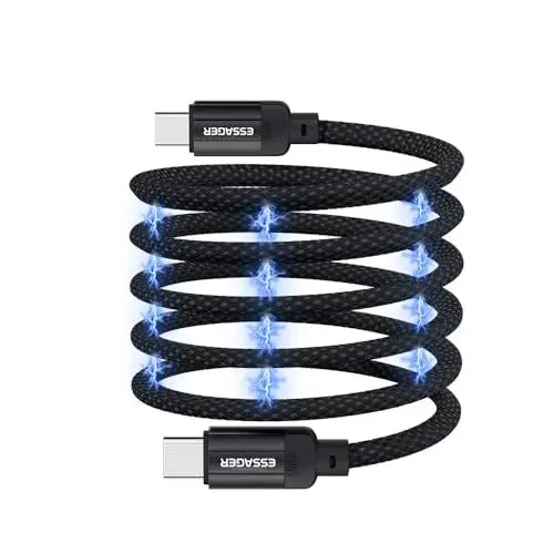 Produktbild: ESSAGER USB C auf C Ladekabel 240W, Magnetisches Spiralkabel, Kompatibel mit den Schnellladeprotokollen 140W, 100W, 65W, 45W und 30W, Unterstützt Datenübertragung bei USB2.0 480Mb/s, Schwarz 1M