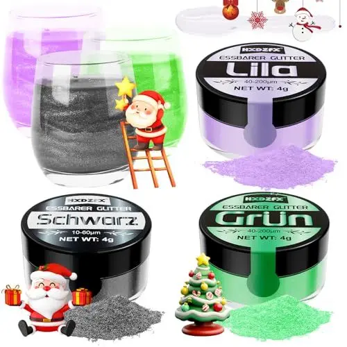 Produktbild: Essbarer Glitzer für Getränke - 3 Farben Lebensmittelfarbe Pulver, Geschmacksneutrales Glitzerpulver für Schokolade, Glitzerpuder für Cocktail Drinks, Fondant, Drinks, Flüssigkeiten - 4g