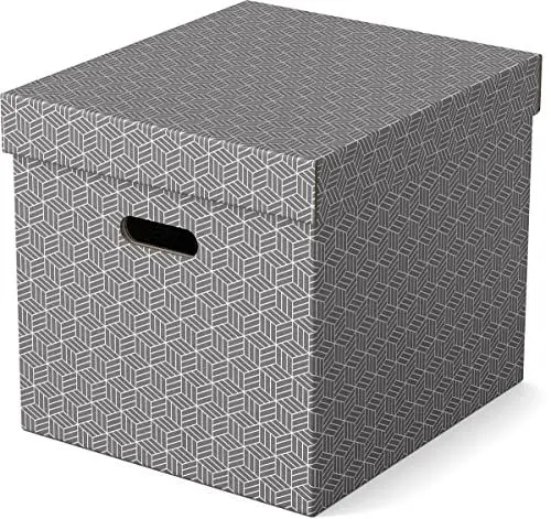 Produktbild: Esselte 3er Set große würfelförmige Aufbewahrungsboxen mit Deckel, Schachteln für Wohnung/Büro & Organisationszwecke, 100% recycelter Karton, 100% recycelbar, geometrische Designs, Grau, 628289