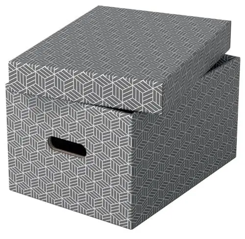 Produktbild: Esselte 3er Set mittelgroße Aufbewahrungs- & Geschenkboxen mit Deckel, Schachteln für Wohnung/Büro & Organisationszwecke, 100% recycelter Karton, 100% recycelbar, geometrische Designs, Grau, 628283