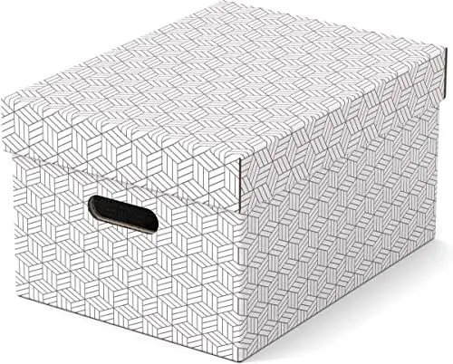 Produktbild: Esselte 3er Set mittelgroße Aufbewahrungs- & Geschenkboxen mit Deckel, Schachteln für Wohnung/Büro & Organisationszwecke, 100% recycelter Karton, 100% recycelbar, geometrische Designs, Weiß, 628282