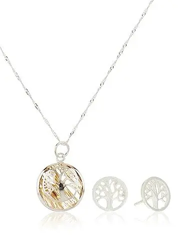 Produktbild: Essence Bijoux | Set mit Halskette und Ohrringen aus 925er Sterling Silber vergoldet Design Baum des Lebens Bernstein Gold, TU, Sterling-Silber, Nicht zutreffend.