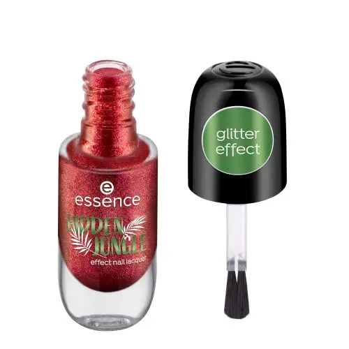 Produktbild: essence HIDDEN JUNGLE effect nail lacquer, Nailpolish, Nagellack, Nr. 05 Forbidden Berry, rot, gelig, glitzernd, intensiv, strahlend, schimmernd, glänzend, vegan, Mikroplastik Partikel frei (8ml)