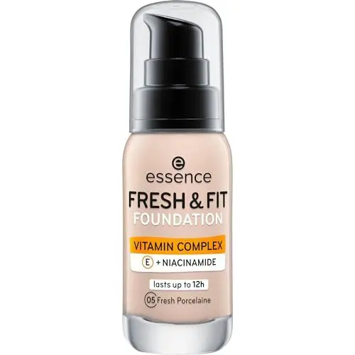 Produktbild: essence cosmetics FRESH & FIT FOUNDATION, Make Up, Nr. 05 fresh porcelaine, nude, pflegend, glättend, mit Vitaminen, natürlich, vegan, ohne Parabene, Mikroplastik Partikel frei (30ml)