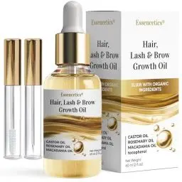 Produktbild: Essencetics 60ml - Rizinusöl für Haarwachstum in Glasflasche mit Mascara-Tuben - Bio Rizinusöl Wimpern und augenbrauen wachstum - Castor Oil Organic mit Macadamia & Rosmarinöl - Hair Growth Oil